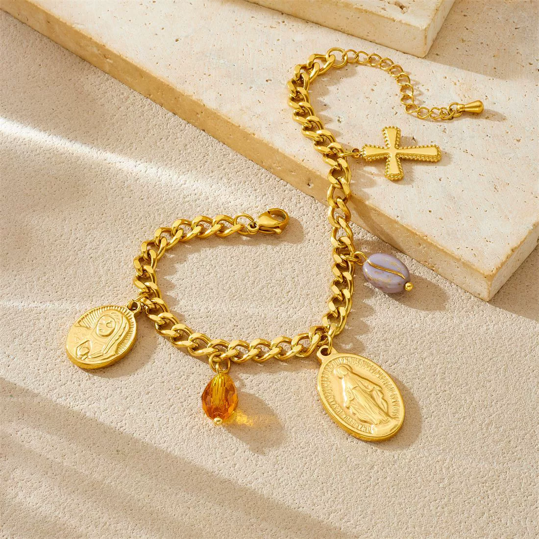 Wholesale Fashion Women's Stainless Steel And Titanium Steel Jewelry Set With Cross Crown And Roman Numerals Pattern Gold Plated Oval Relief Pendant - Image 3