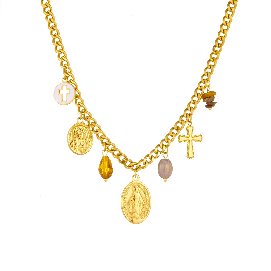 Wholesale Fashion Women's Stainless Steel And Titanium Steel Jewelry Set With Cross Crown And Roman Numerals Pattern Gold Plated Oval Relief Pendant - Image 5