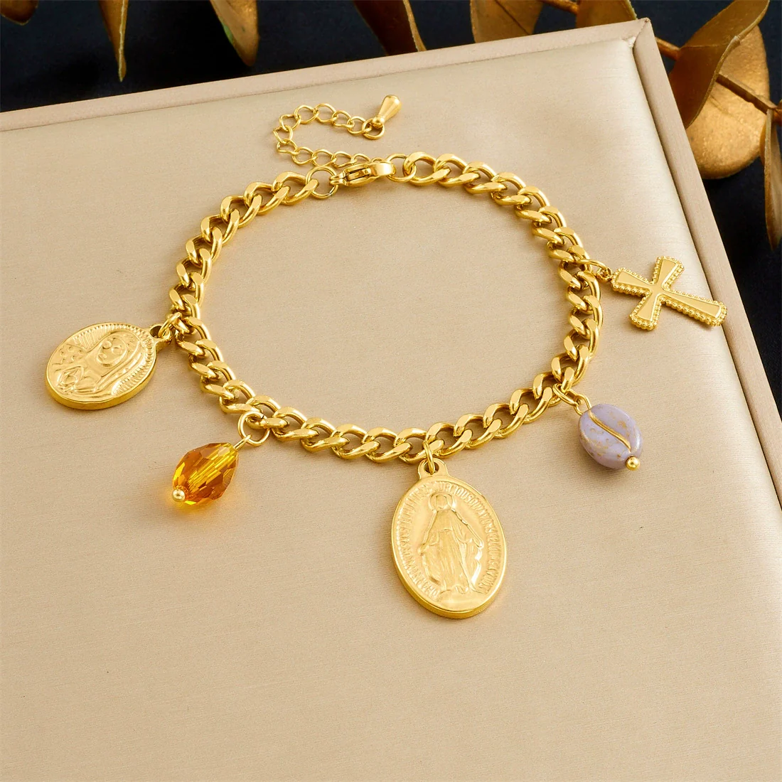Wholesale Fashion Women's Stainless Steel And Titanium Steel Jewelry Set With Cross Crown And Roman Numerals Pattern Gold Plated Oval Relief Pendant - Image 7