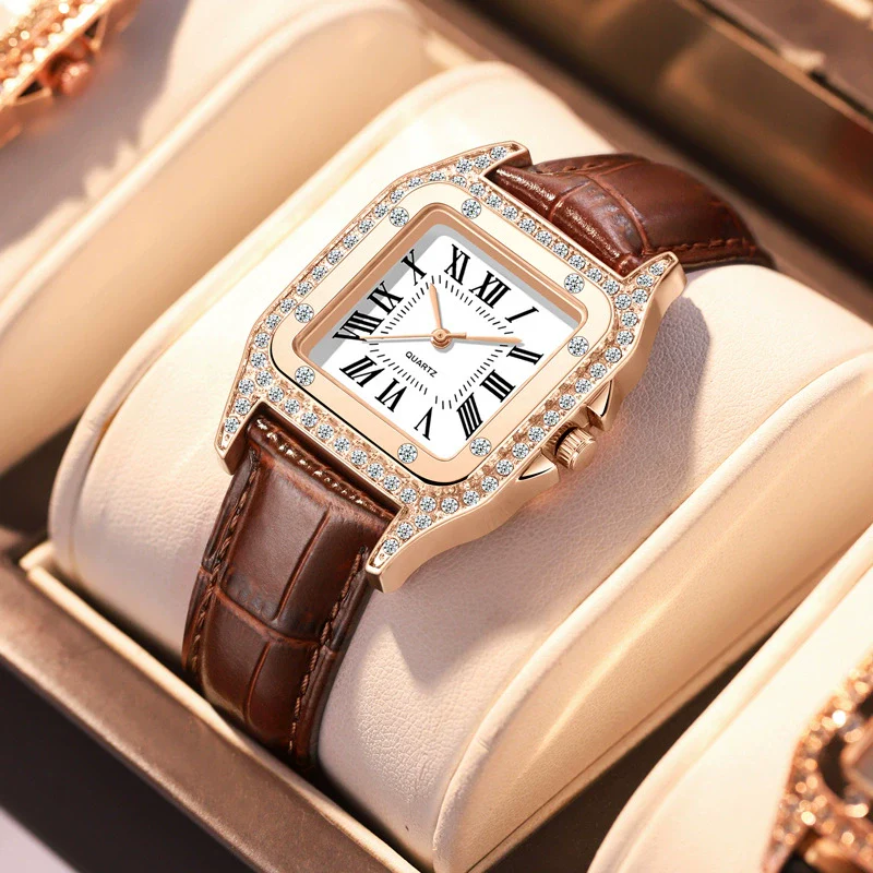 Wholesale Fashion Women's Watch Square Metal Case Imitation Leather Strap Diamondencrusted Quartz