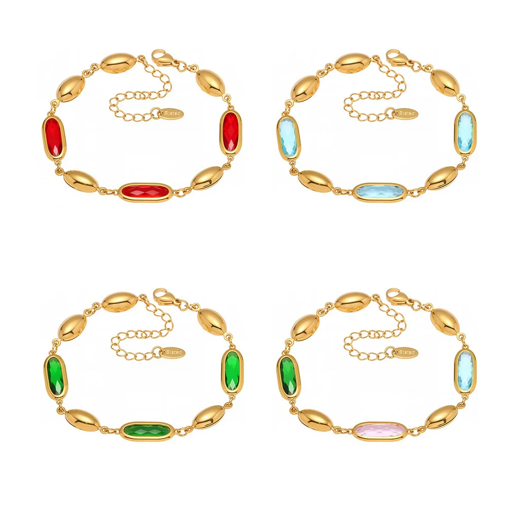 Wholesale Fashionable Electroplated Geometric Ferris Wheel Rectangular Faceted Czech Glass Stone Stainless Steel Bracelet For Women - Image 5