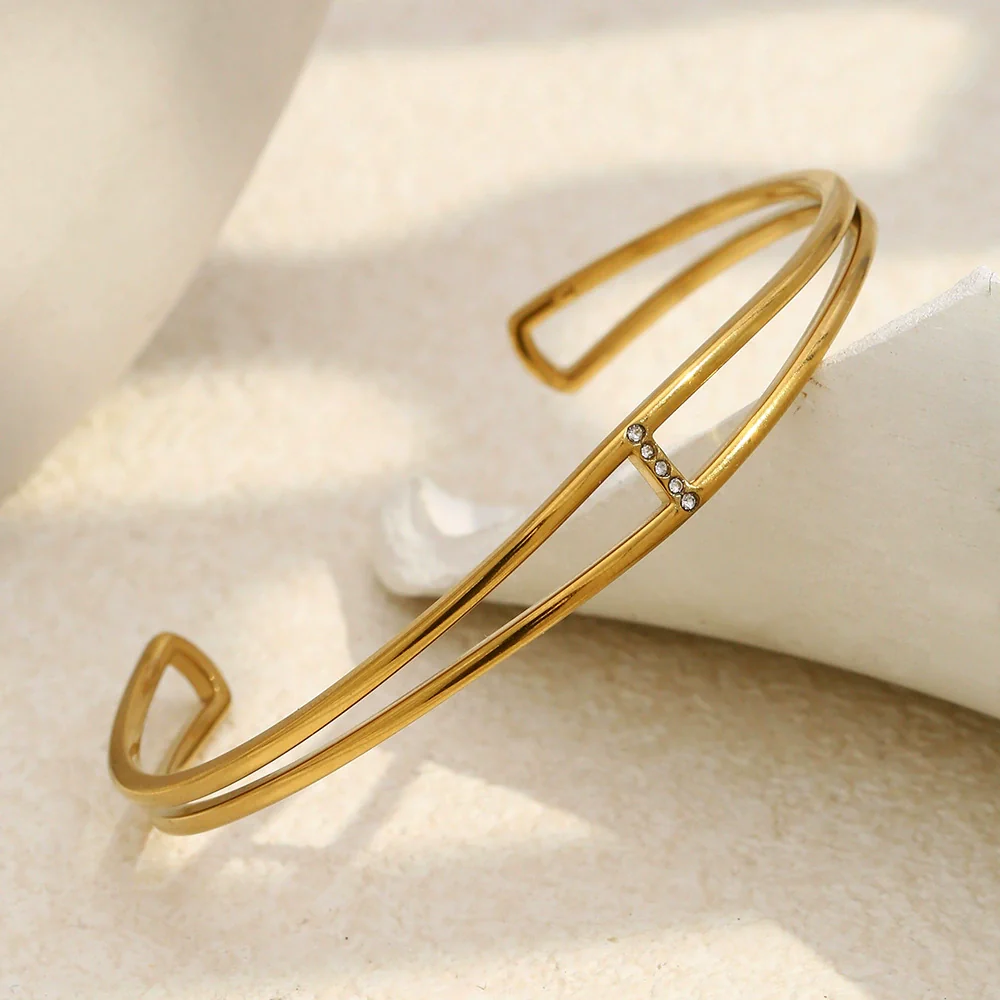 Wholesale Fashionable Geometric 18K Gold Plated Stainless Steel Doublelayer Thin Bracelet Hand Jewelry