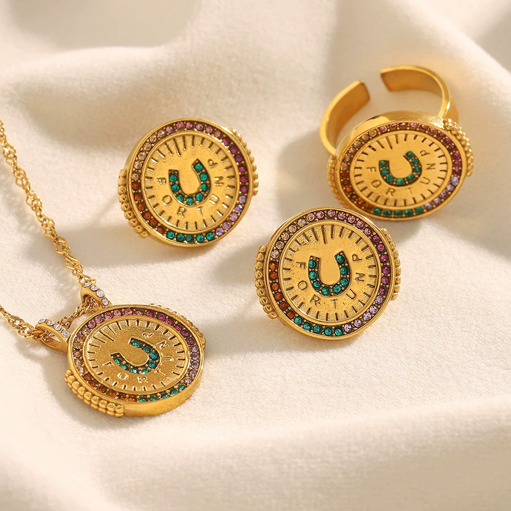 Wholesale Fashionable Geometric Stainless Steel Electroplated 18K Gold Colorful Zircon Disc Earrings Necklace Ring Set For Women