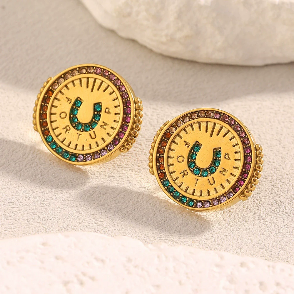 Wholesale Fashionable Geometric Stainless Steel Electroplated 18K Gold Colorful Zircon Disc Earrings Necklace Ring Set For Women - Image 3