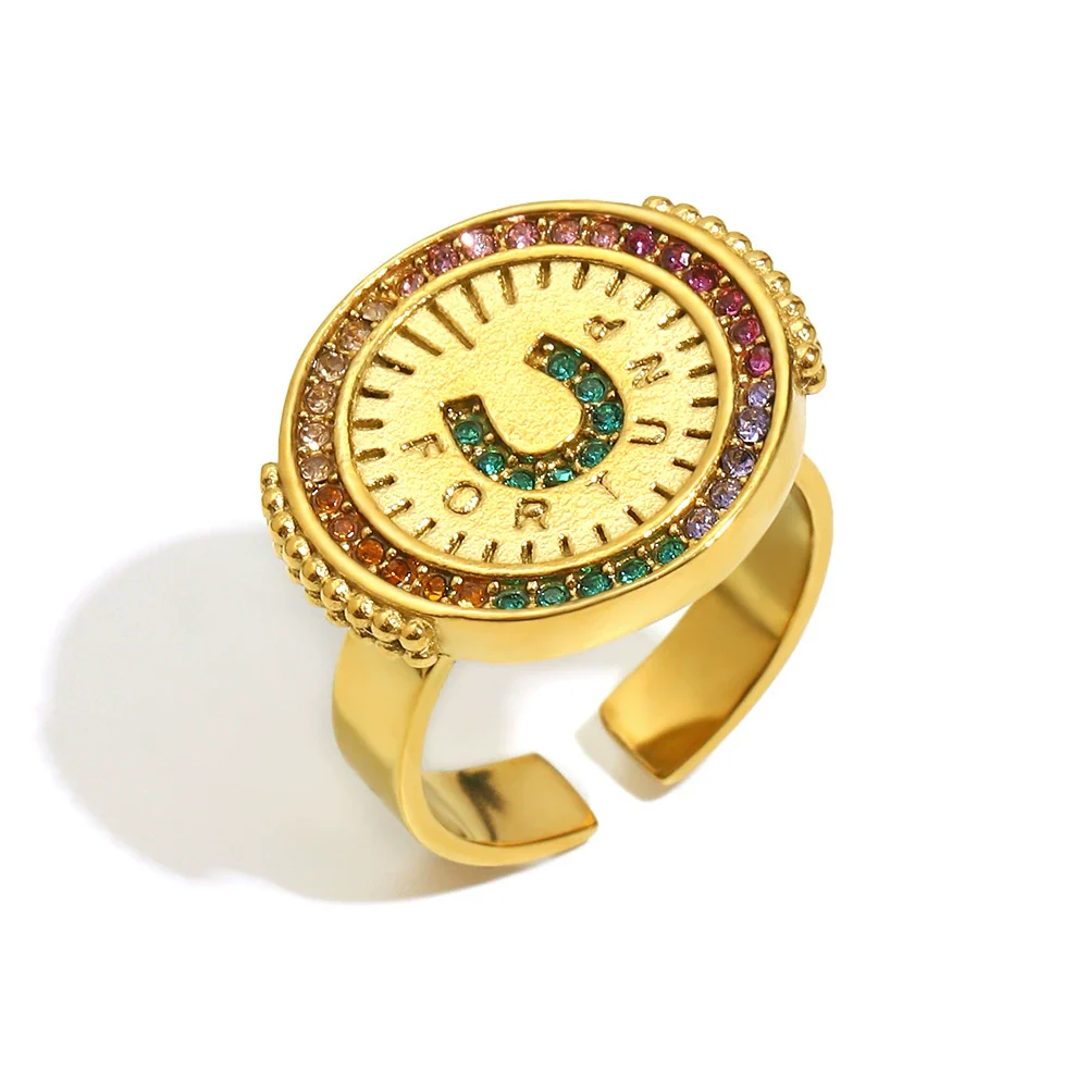 Wholesale Fashionable Geometric Stainless Steel Electroplated 18K Gold Colorful Zircon Disc Earrings Necklace Ring Set For Women - Image 5