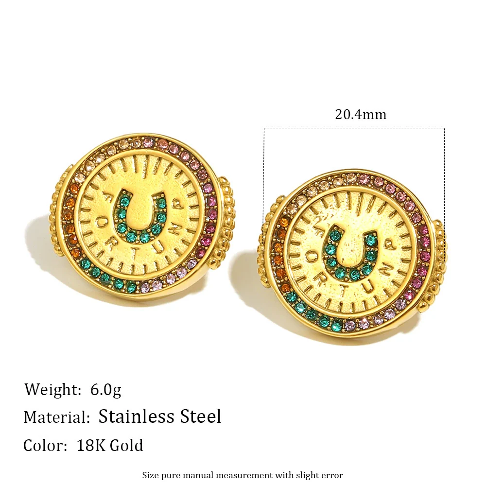 Wholesale Fashionable Geometric Stainless Steel Electroplated 18K Gold Colorful Zircon Disc Earrings Necklace Ring Set For Women - Image 6