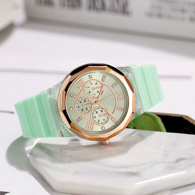 Wholesale Female Students' Fashion Silicone Watch With Rhinestones Round Dial And Sapphire Crystal Glass Mirror Luxury Leisure Style - Image 2