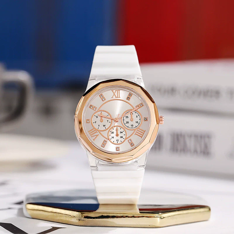 Wholesale Female Students' Fashion Silicone Watch With Rhinestones Round Dial And Sapphire Crystal Glass Mirror Luxury Leisure Style - Image 3