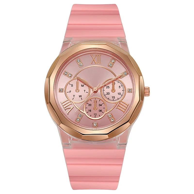 Wholesale Female Students' Fashion Silicone Watch With Rhinestones Round Dial And Sapphire Crystal Glass Mirror Luxury Leisure Style - Image 5