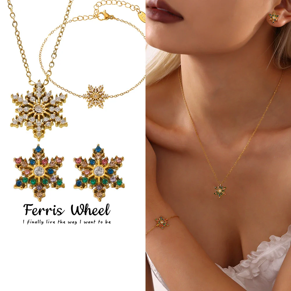 Wholesale Ferris Wheel Colorful Snowflake Zircon Jewelry Set For Women Stainless Steel Electroplated Light Luxury Style Necklace Bracelet Earrings