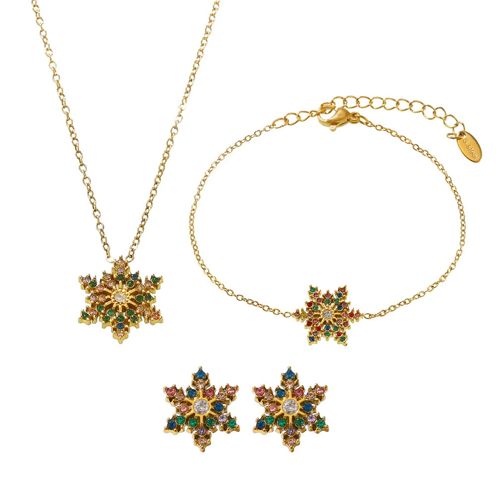 Wholesale Ferris Wheel Colorful Snowflake Zircon Jewelry Set For Women Stainless Steel Electroplated Light Luxury Style Necklace Bracelet Earrings - Image 5
