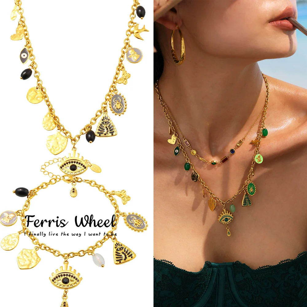 Wholesale Ferris Wheel Devil's Eye Multiaccessory Necklace And Bracelet Set For Women Fashion Stainless Steel And Titanium Steel Electroplated Jewelry