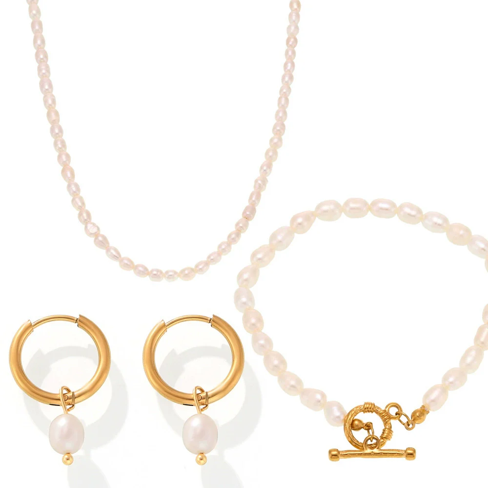 Wholesale Ferris Wheel Elegant Freshwater Pearl And Stainless Steel Electroplated Necklace Bracelet Earrings Set For Women - Image 5