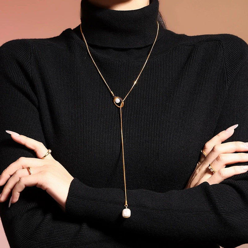 Wholesale Ferris Wheel French Tassel Imitation Pearl Long Sweater Chain Titanium Steel Geometric Electroplated Unisex Jewelry Accessories