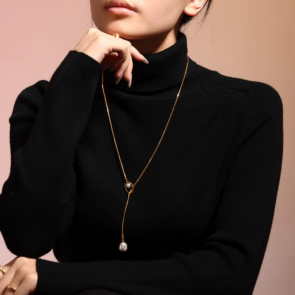 Wholesale Ferris Wheel French Tassel Imitation Pearl Long Sweater Chain Titanium Steel Geometric Electroplated Unisex Jewelry Accessories - Image 3