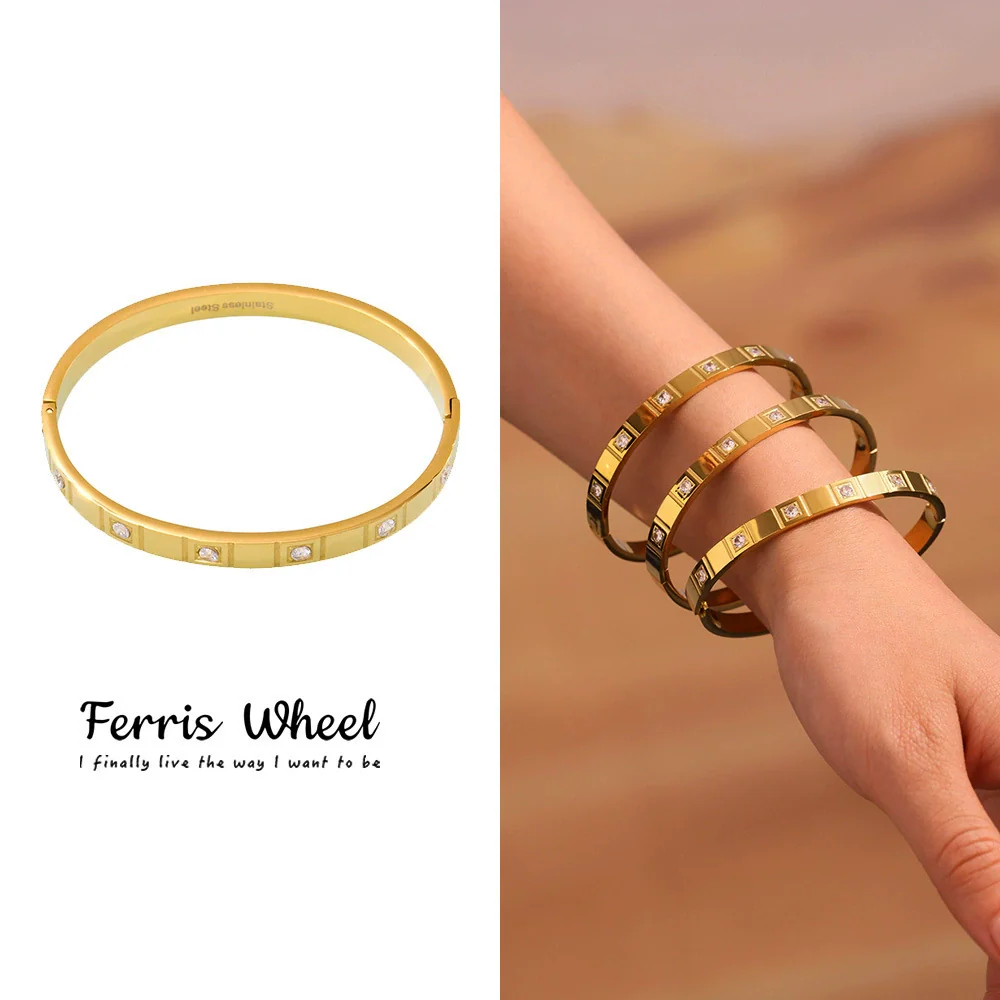 Wholesale Ferris Wheel Geometric Fashion Stainless Steel Electroplated 8K Real Gold Colorpreserving Inlaid Diamond Bracelet For Women