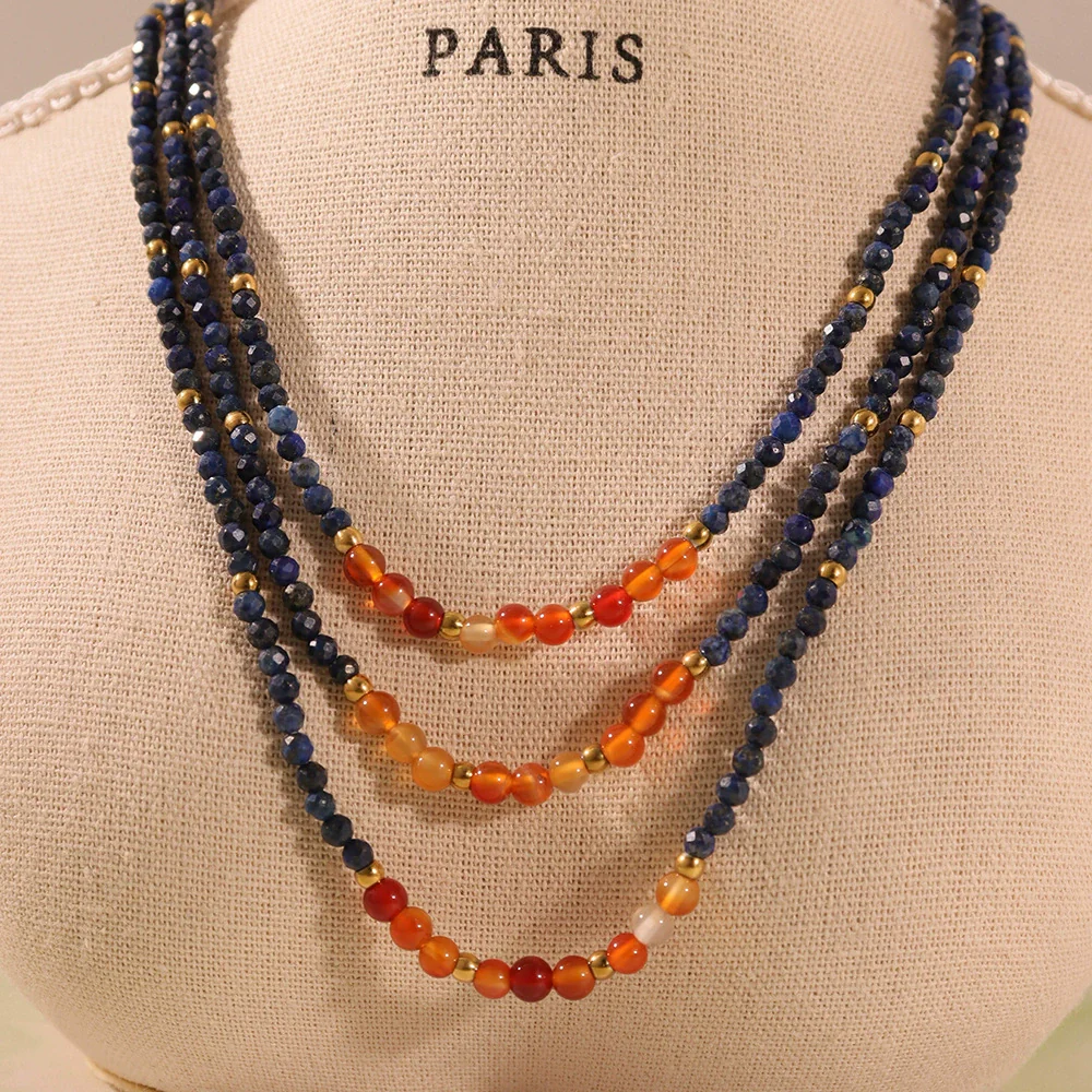 Wholesale Ferris Wheel Geometric Stainless Steel Lapis Lazuli Agate Beaded Electroplated Necklace For Women - Image 2