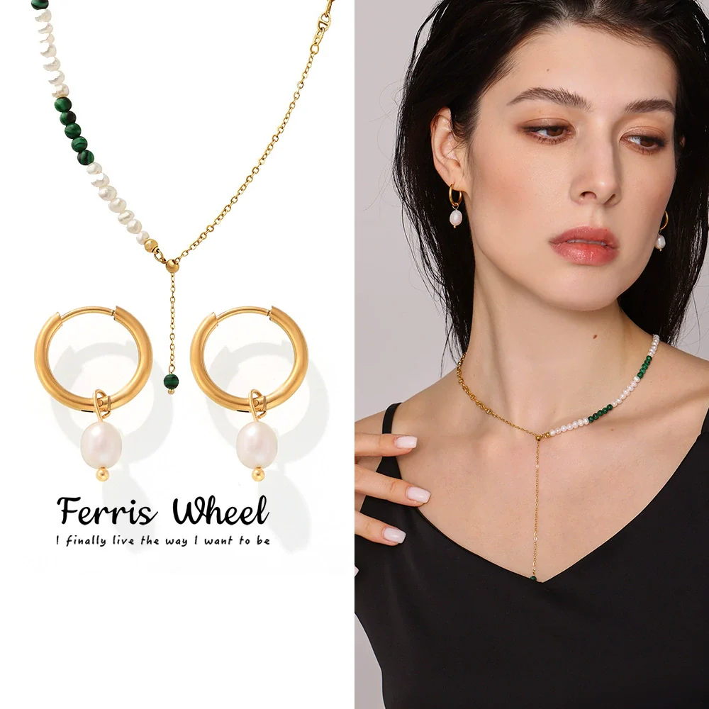 Wholesale Ferris Wheel Natural Freshwater Pearl Turquoise Tassel Pull Clavicle Necklace For Women Made Of Stainless Steel With Electroplating