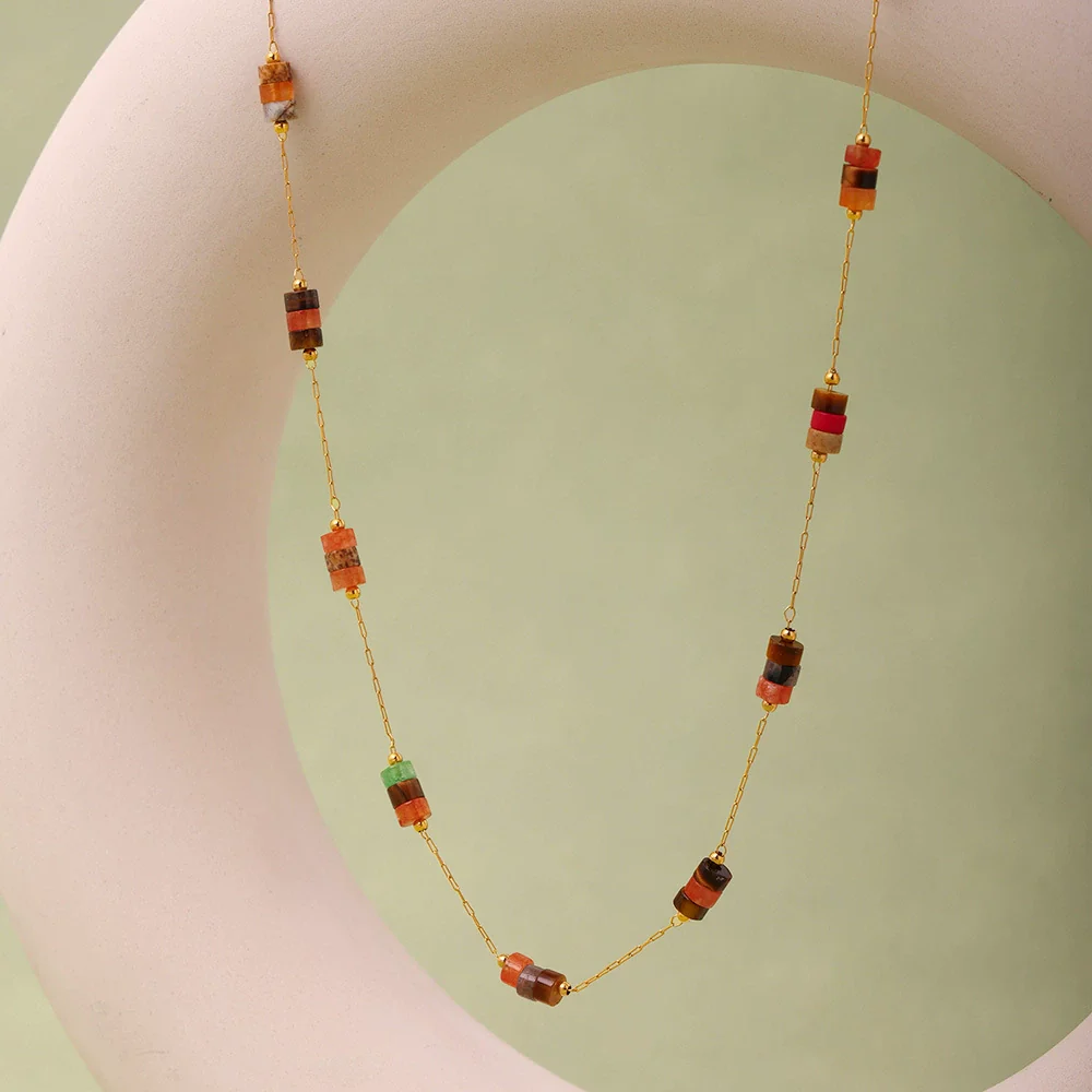 Wholesale Ferris Wheel Retro Maillard Style Light Luxury Electroplated Natural Stone Beaded Necklace And Bracelet Set For Women - Image 2