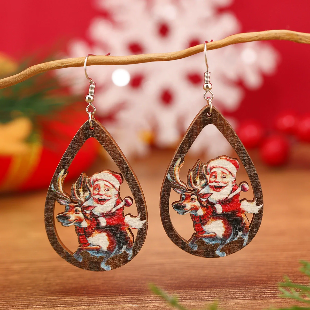 Wholesale Festival Elements Geometric Wood Earrings For Women With Christmas Series Cartoon Designs Like Santa Claus Elk Snowman Dinosaur And Penguin - Image 4