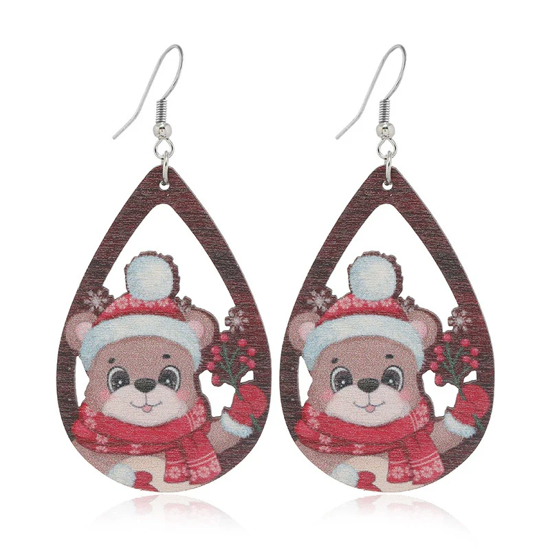 Wholesale Festival Elements Geometric Wood Earrings For Women With Christmas Series Cartoon Designs Like Santa Claus Elk Snowman Dinosaur And Penguin - Image 9