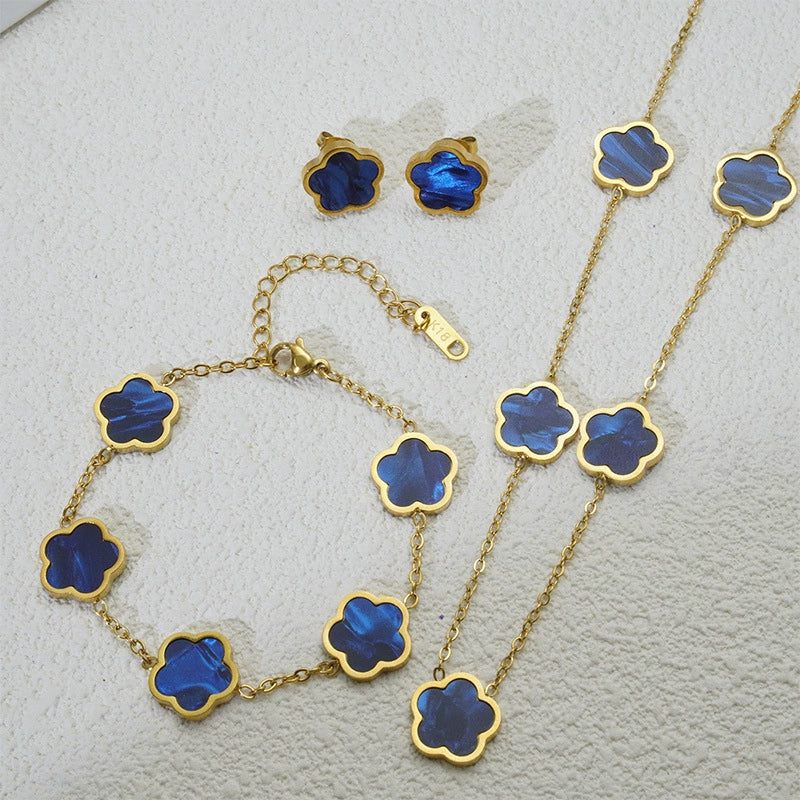 Wholesale Five Leaf Flower Single Sided Plant Jewelry Set For Women Titanium Steel Electroplated Necklace Earrings Bracelets With O Chain
