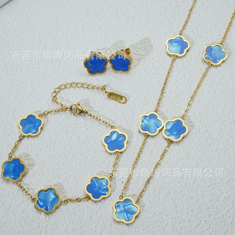 Wholesale Five Leaf Flower Single Sided Plant Jewelry Set For Women Titanium Steel Electroplated Necklace Earrings Bracelets With O Chain - Image 16