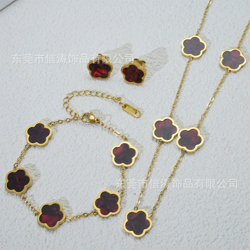 Wholesale Five Leaf Flower Single Sided Plant Jewelry Set For Women Titanium Steel Electroplated Necklace Earrings Bracelets With O Chain - Image 17