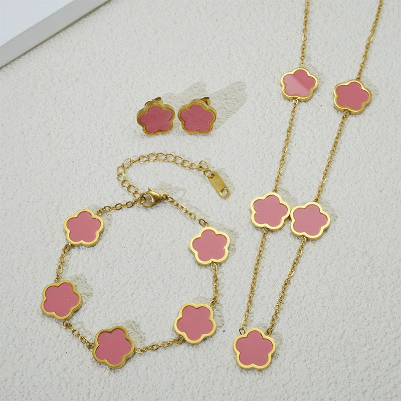 Wholesale Five Leaf Flower Single Sided Plant Jewelry Set For Women Titanium Steel Electroplated Necklace Earrings Bracelets With O Chain - Image 4
