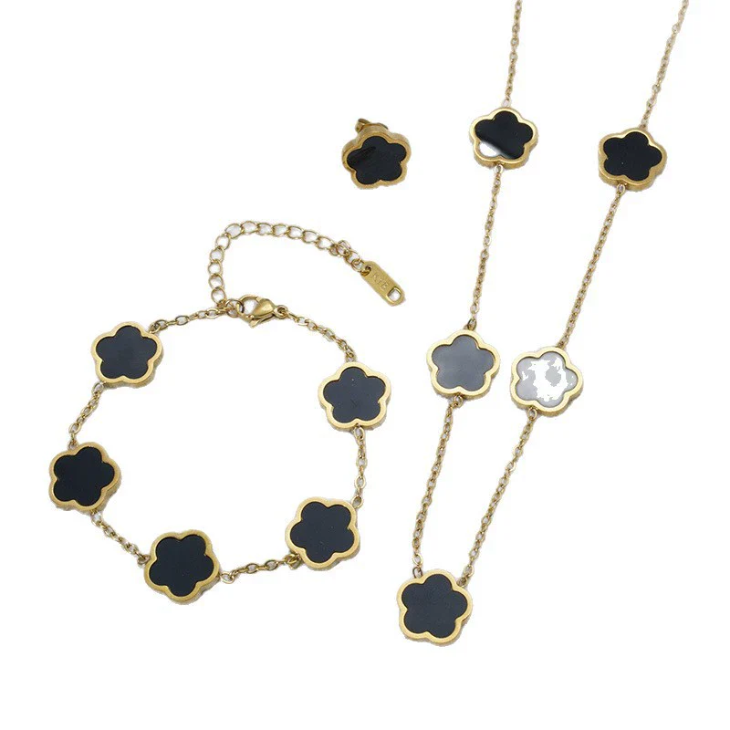 Wholesale Five Leaf Flower Single Sided Plant Jewelry Set For Women Titanium Steel Electroplated Necklace Earrings Bracelets With O Chain - Image 5
