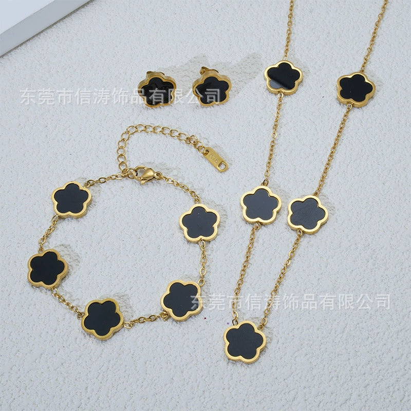 Wholesale Five Leaf Flower Single Sided Plant Jewelry Set For Women Titanium Steel Electroplated Necklace Earrings Bracelets With O Chain - Image 6
