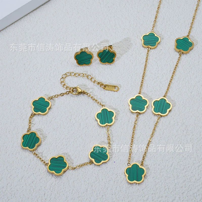 Wholesale Five Leaf Flower Single Sided Plant Jewelry Set For Women Titanium Steel Electroplated Necklace Earrings Bracelets With O Chain - Image 7