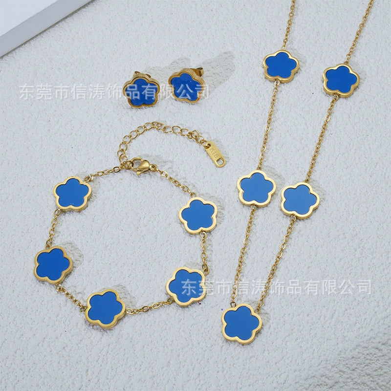Wholesale Five Leaf Flower Single Sided Plant Jewelry Set For Women Titanium Steel Electroplated Necklace Earrings Bracelets With O Chain - Image 8