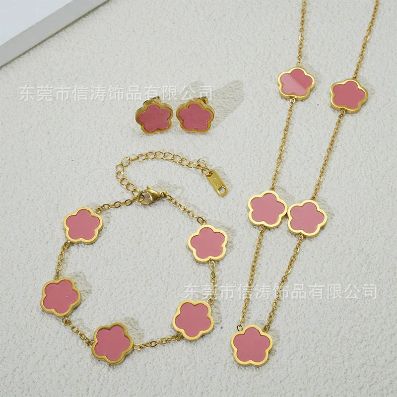 Wholesale Five Leaf Flower Single Sided Plant Jewelry Set For Women Titanium Steel Electroplated Necklace Earrings Bracelets With O Chain - Image 9