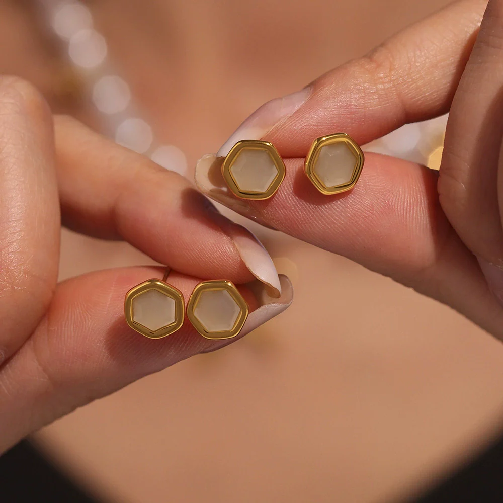 Wholesale French Retro Geometric Ferris Wheel Faceted Hexagonal Opal Stainless Steel Goldplated Women's Earrings - Image 2