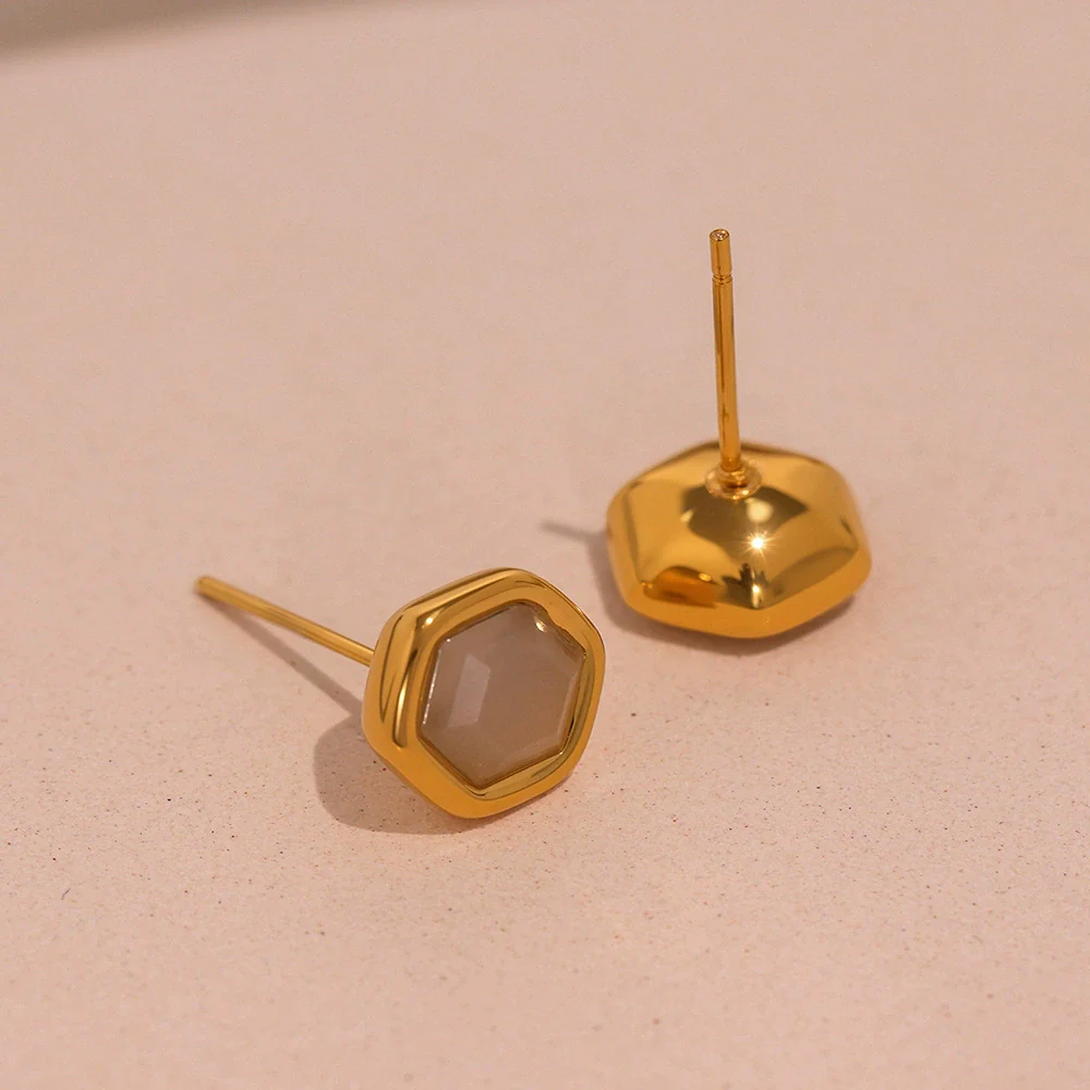 Wholesale French Retro Geometric Ferris Wheel Faceted Hexagonal Opal Stainless Steel Goldplated Women's Earrings - Image 3