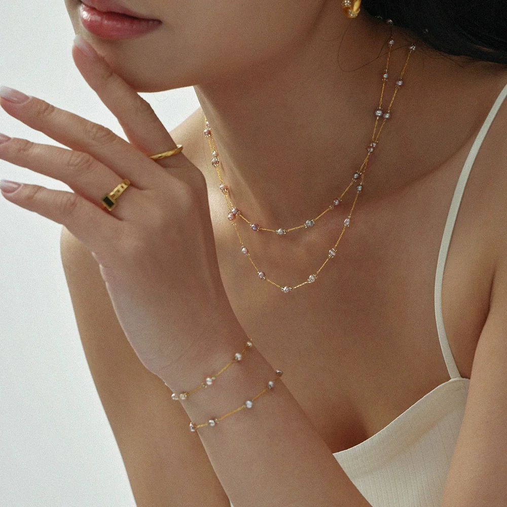 Wholesale Freshwater Pearl And Titanium Steel Electroplated Jewelry Set For Women Ferris Wheel Design Necklace And Bracelet - Image 3