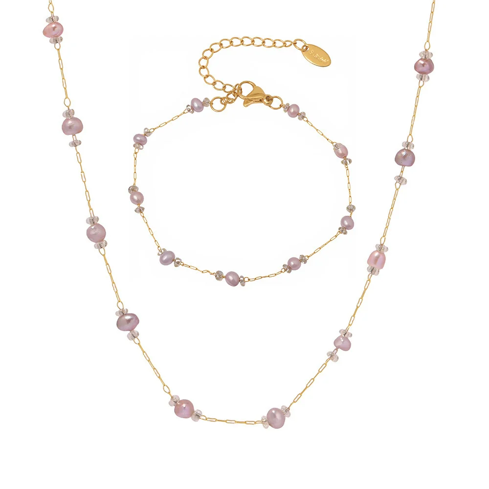 Wholesale Freshwater Pearl And Titanium Steel Electroplated Jewelry Set For Women Ferris Wheel Design Necklace And Bracelet - Image 5