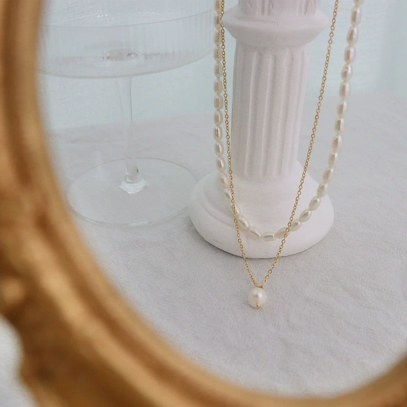 Wholesale Freshwater Pearl Geometric Simple Natural Titanium Steel Electroplated Stacked Necklace For Women - Image 3