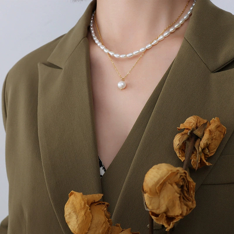 Wholesale Freshwater Pearl Geometric Simple Natural Titanium Steel Electroplated Stacked Necklace For Women - Image 4