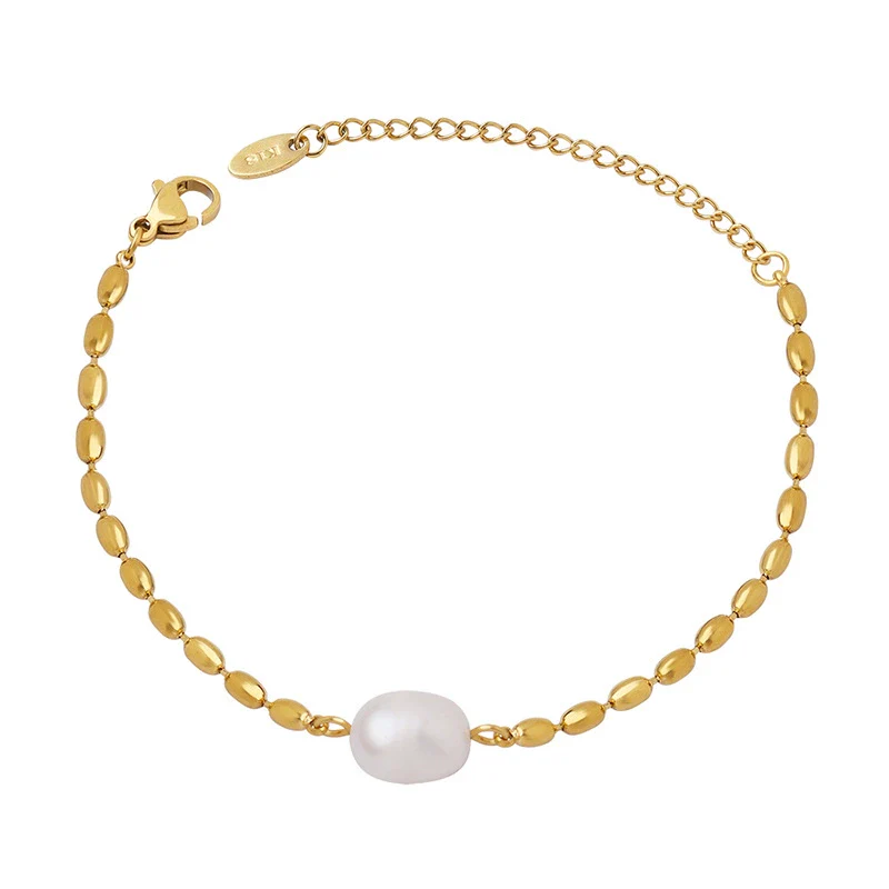 Wholesale Freshwater Pearl Stitching Rice Bead Titanium Steel Electroplated Flower Pattern Metal Chain Bracelet For Women - Image 4