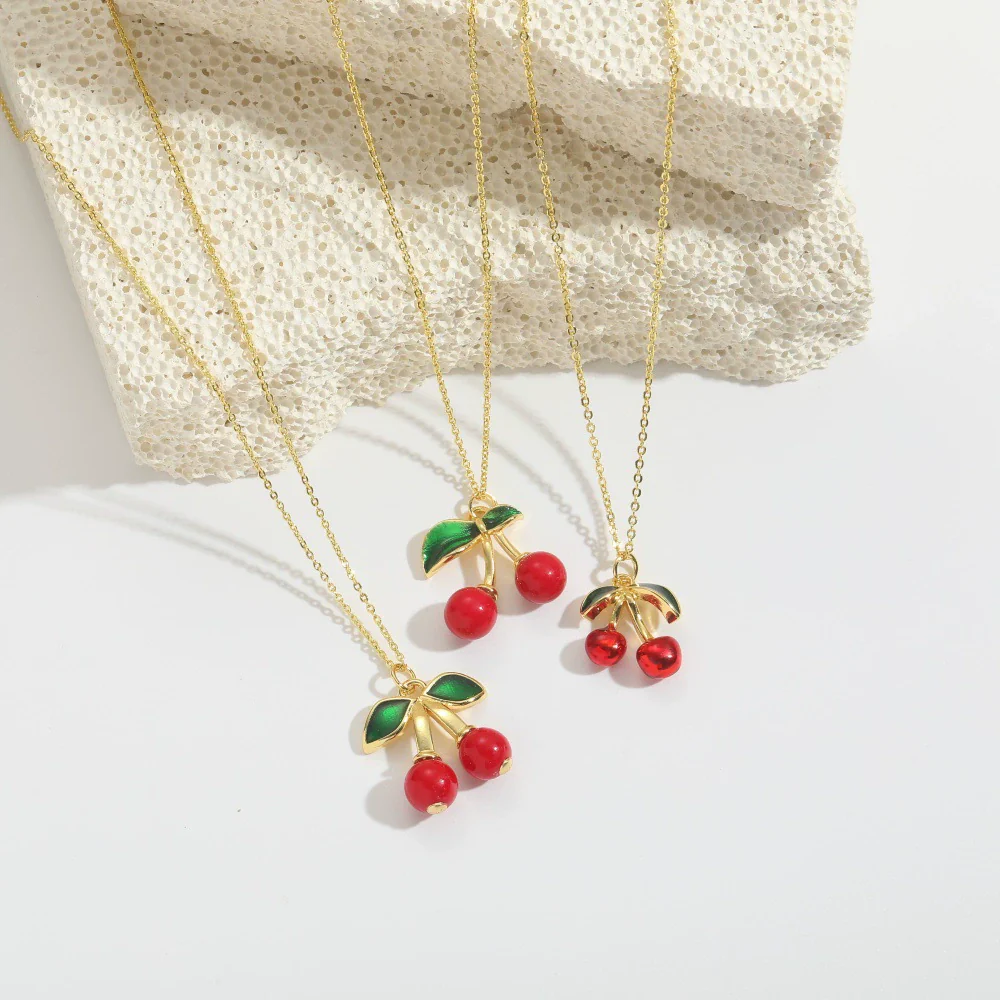 Wholesale Fruit Series Cherry Shape Pendant Clavicle Chain Necklace For Women Copper Electroplating Mixed Gemstone Setting Geometric Style - Image 3