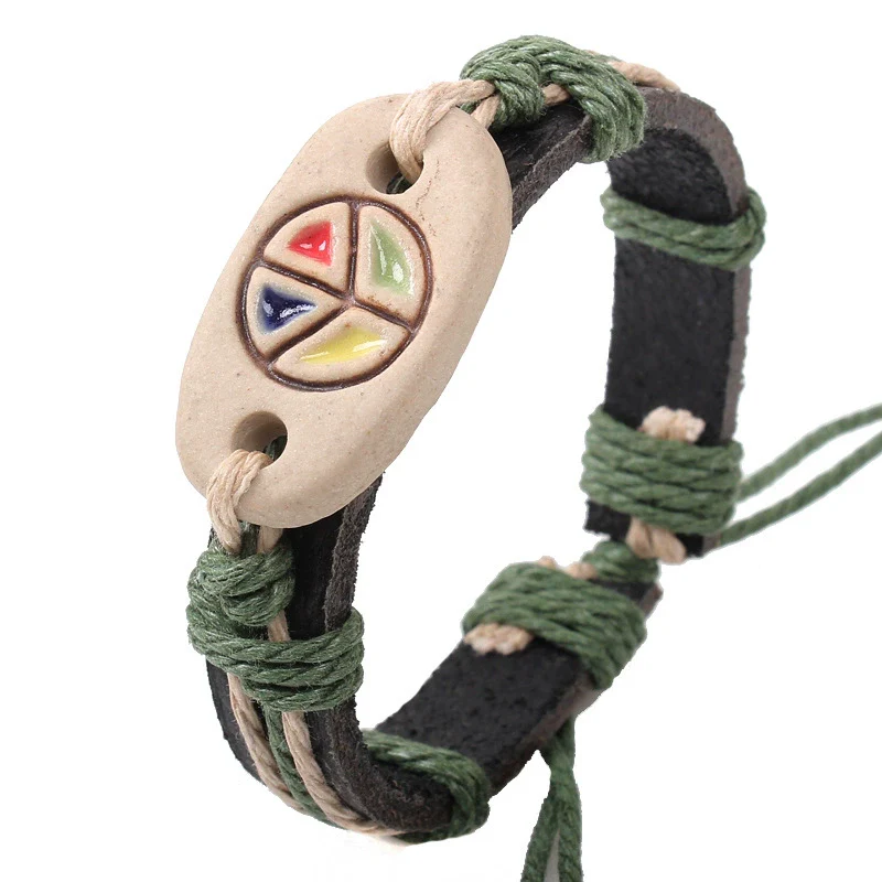 Wholesale Genuine Leather Woven Bracelet With Ceramic And Geometric Peace Symbol Handmade Jewelry - Image 5