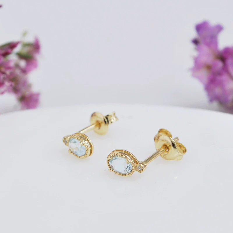 Wholesale Geometric 925 Sterling Silver Electroplated Stud Earrings With Sky Blue Topaz And Zircon For Women - Image 3