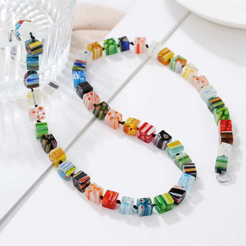 Wholesale Geometric Alloy Pendant Thousand Flower Glass Beads Stainless Steel Electroplated O Word Chain Women's Necklace - Image 4