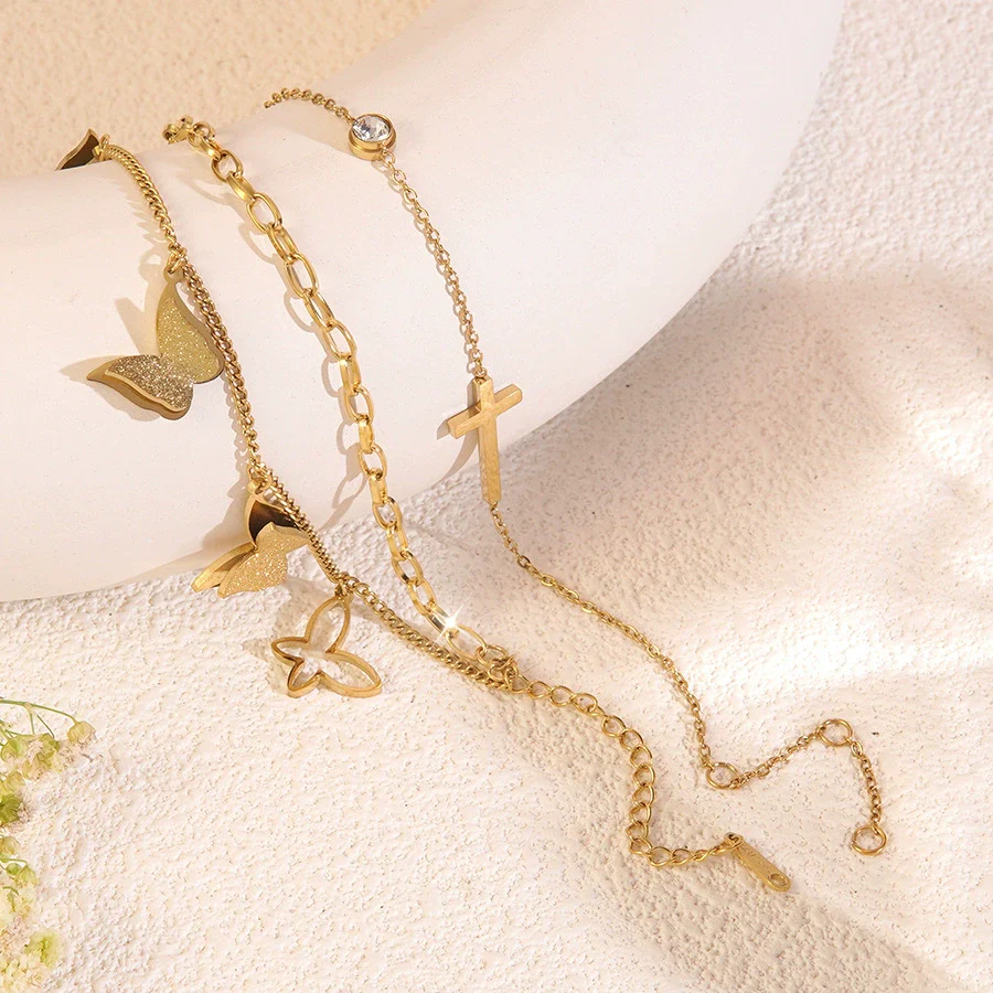 Wholesale Geometric Butterfly Cross Stainless Steel 18K Gold Plated Bracelet For Women