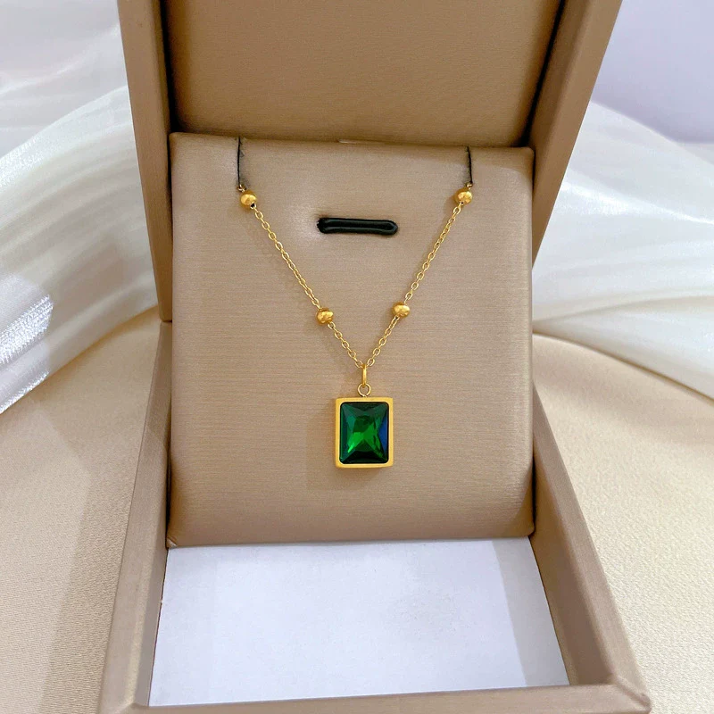 Wholesale Geometric Cartoon Plant Flowers Style Electroplated Titanium Steel Square Emerald Normcore Necklace For Unisex - Image 3