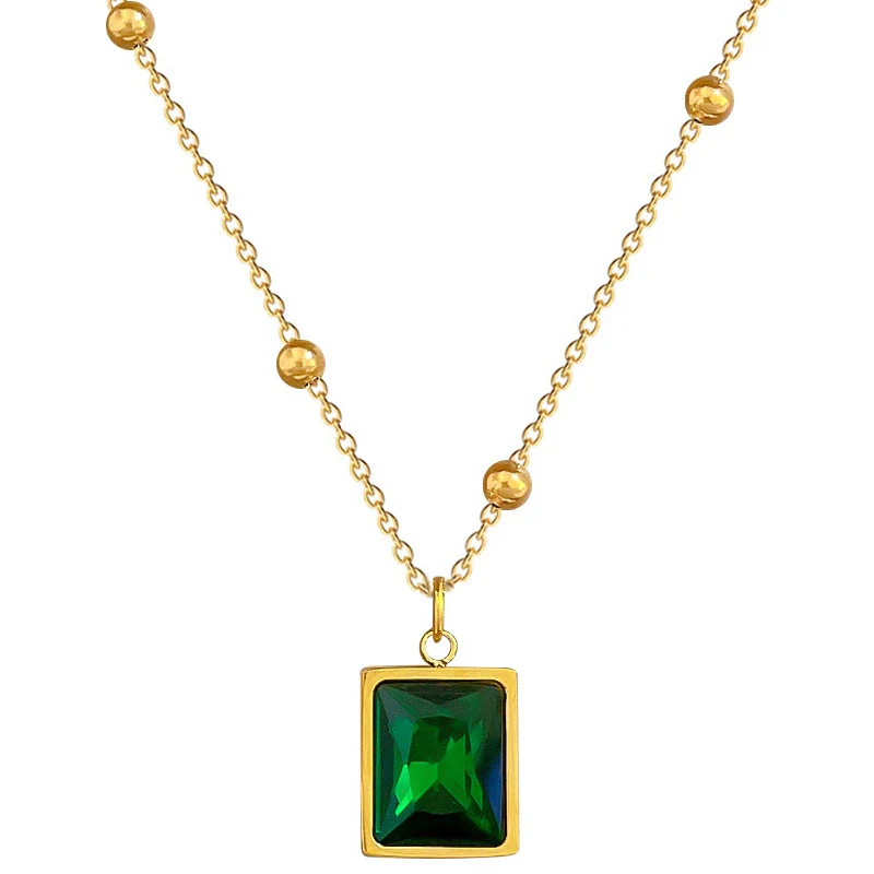 Wholesale Geometric Cartoon Plant Flowers Style Electroplated Titanium Steel Square Emerald Normcore Necklace For Unisex - Image 5