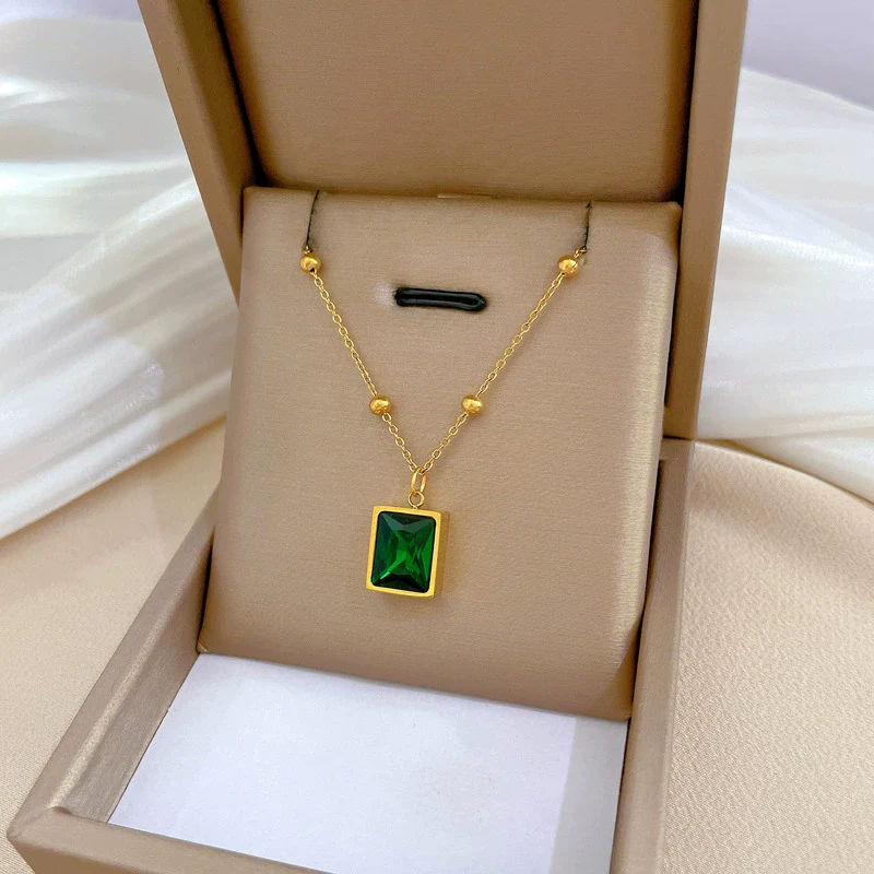 Wholesale Geometric Cartoon Plant Flowers Style Electroplated Titanium Steel Square Emerald Normcore Necklace For Unisex - Image 6