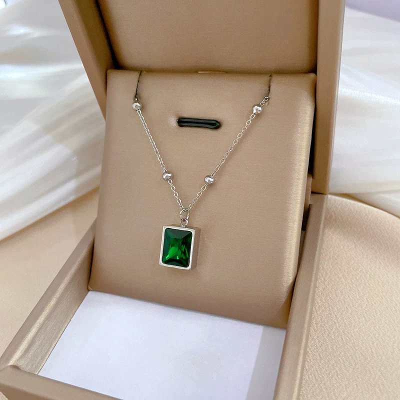 Wholesale Geometric Cartoon Plant Flowers Style Electroplated Titanium Steel Square Emerald Normcore Necklace For Unisex - Image 7
